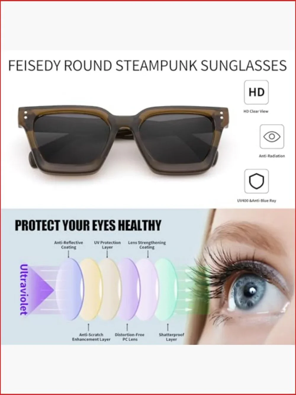 Chunky Square Polarized Sunglasses Rectangle UV400 Protection Thick Frame